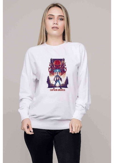Captain America Baskılı Beyaz Kadın Sweatshirt