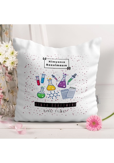 Bk Gift Kişiye Özel Kimya Öğretmeni Tasarımlı Beyaz Yastık - 4 Akgn11034 Renkli