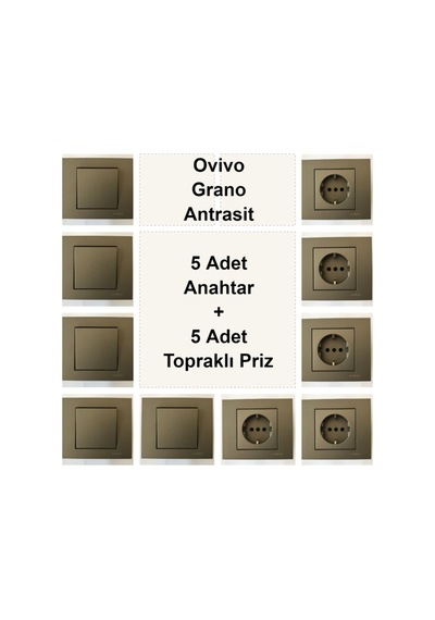 Ovivo Grano Antrasit 5 Adet Anahtar + 5 Adet Topraklı Priz