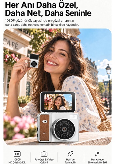 Mimtec Blm-109 Retro Mini Dijital Kamera 1080p Hd Katlanabilir Ekran Flaşlı Selfie Vlog Video Kamerası Kahverengi