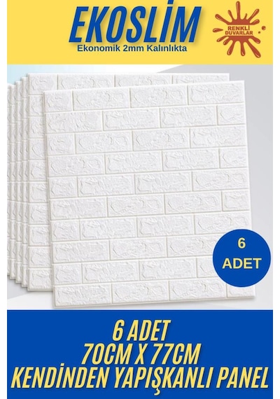 70x77 Cm 6 Adet Ekoslim 2mm Kendinden Yapışkanlı Sünger Beyaz Tuğla Duvar Paneli Kağıdı