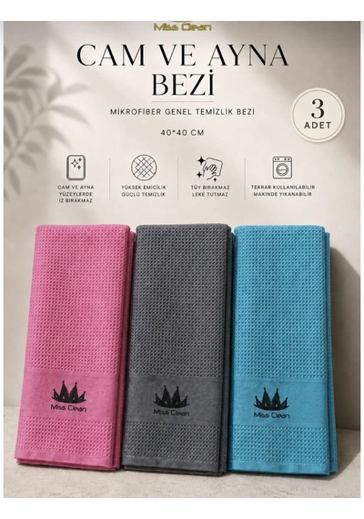 Miss Clean 3adet Gri Sihirli Temizlik Bezi Cam Ayna Cam Ocak Ve Parlak Yüzeyler İçin Pembe - Turkuaz - Gri