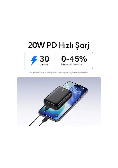 Tr 10000mah 22.5w Usb-a + Usb-c Powerbank Taşınabilir Hızlı Şarj Cihazı Siyah