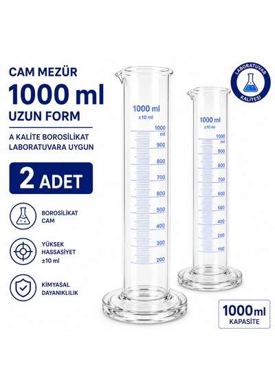 Cam Mezür 1000 Ml Uzun Form A Kalite Borosilikat Laboratuvara Uygun 2 Adet