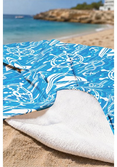 Yelkenli Çapa Dümen Temalı Plaj Havlusu-marine Mavi Beyaz Havuz Deniz Hızlı Kuruyan Mikrofiber Havlu Kuru Mimoza