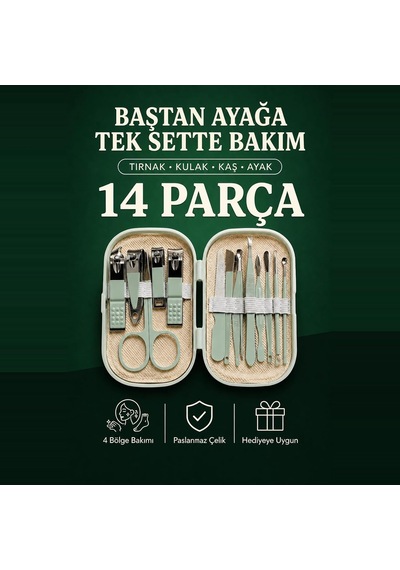 14 Parça Manikür Pedikür Seti Su Yeşili Çantalı Tırnak Kulak Kaş El Ayak Kişisel Bakım Paslanmaz Çelik
