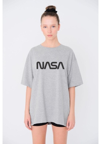 Flood Of Style Kadın Gri Nasa Baskılı Tshirt
