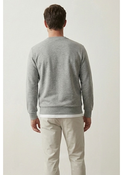Elemge Pamuklu Erkek Sweatshirt Gri Soft Touch Relax Fit Basic Bisiklet Yaka 3 Iplik Nefes Alan