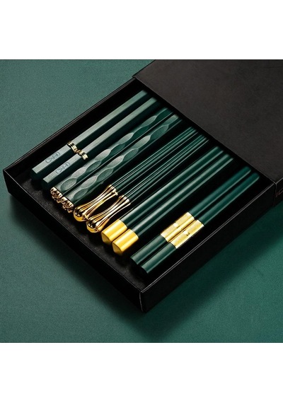 Valkyrie 5 Çift Yemek Çubuğu Seti 24,3 Cm Japon Kore Sushi Chopsticks Lüks Altın Detaylı Yeşil