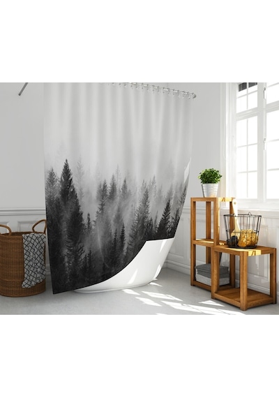 Banyo Duş Perdesi Sisli Orman Desen Dijital Baskılı Banyo Perdesi, Tek Kanat C Halkalı-180x200 Cm Çok Renkli