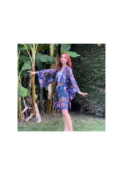Lila Mare Tül Üzeri Nakışlı Handmade Kimono Renkli Renkli