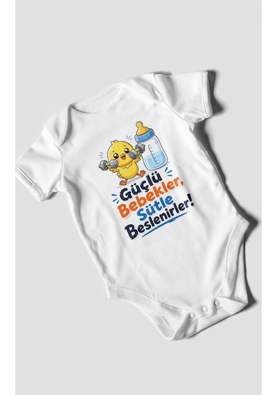 Morivokids Güçlü Bebekler Sütle Beslenir Kısa Kollu Bebek Body %100 Pamuk Beyaz
