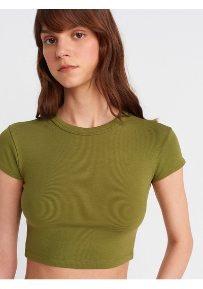 Dilvin 31810 Bisiklet Yaka Crop T-shirt-yağ Yeşil Yağ Yeşil