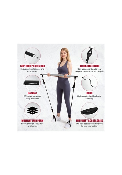 Champya Yoga Fitness Pilates Topu Squat Pilates Barı Direnç Lastiği Pilates Seti İthal Ürün Gri