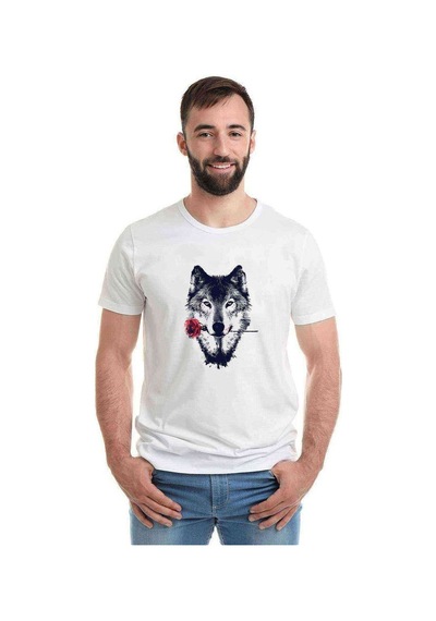 Lonely Wolf Rose Baskılı Beyaz Erkek Tshirt