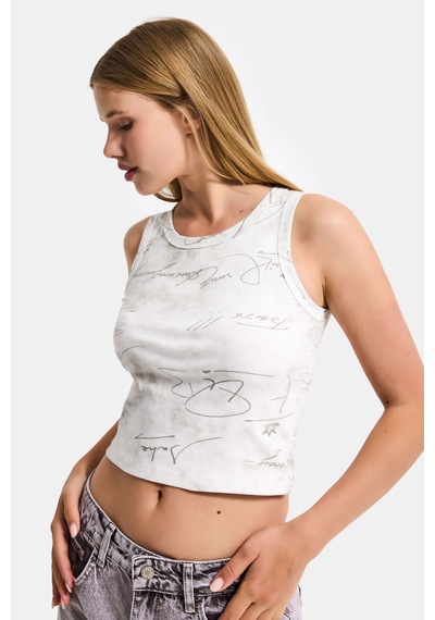 Kadın Beyaz W5 Crop Özel Baskılı Yıkamalı Kumaş Tasarım Body