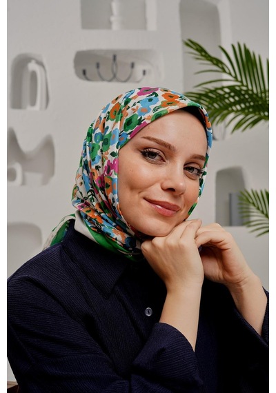 Afvente Çiçek Desen Soft Pamuk Eşarp Yeşil