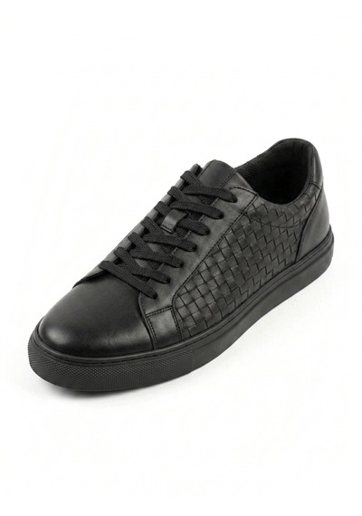 Growish Gd0111 Hakiki Deri Yüksek Taban Modern Örgü Desen Yüksek Eva Taban Siyah Sneaker Ayakkabı Siyah - Siyah