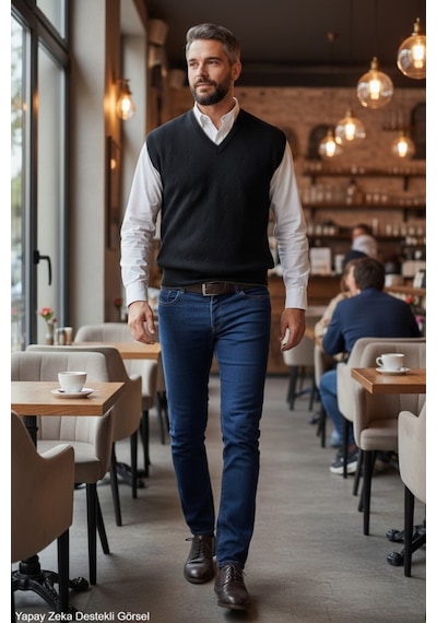 Kamalı Erkek Siyah Tüylenme Yapmayan Anti Pilling Kumaş Standart Fit Normal Kesim V Yaka Triko Süveter