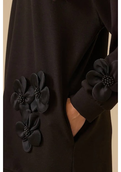 Kadın Çiçek Detaylı Cepli Sweatshirt - Siyah Siyah