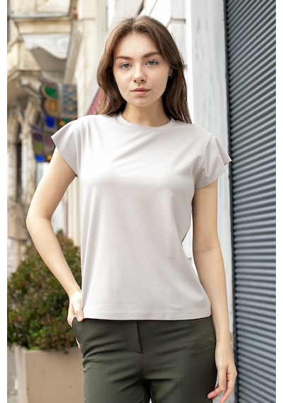 Kadın İpeksi Kumaş Geniş Sıfır Yaka Kısa Kol Tshirt Bluz-taş Taş