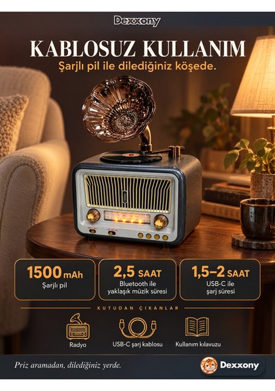Dexxony Dx-2528 Antrasit Nostaljik Radyo Retro Gramofon Büyük Boy Şarjlı Bluetooth Hoparlör Fm Usb