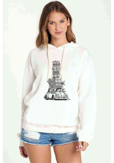 Beetle Baskılı Beyaz Kadın Kapşonlu Sweatshirt