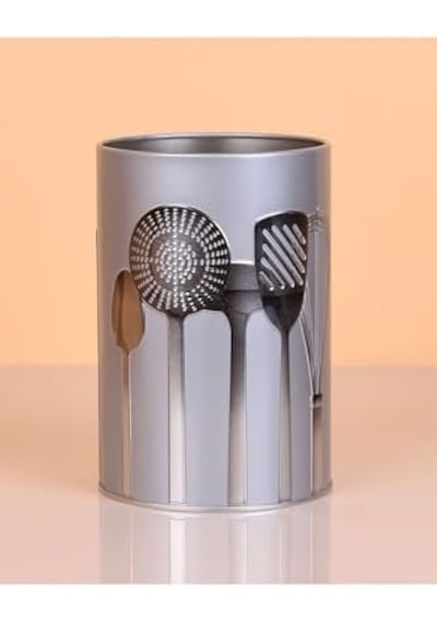 Metal Silindir Desenli Kaşıklık Servis Kepçe Kevgir Düzenleyici Toparlayıcı Gri Açık Ahşap