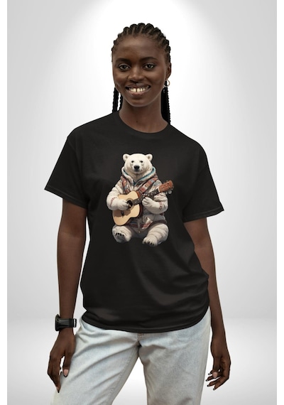 Kutup Ayısı Gitar Polar Çeket Pamuklu Bisiklet Yaka Unisex Oversize Boyfriend Dijital Baskılı Siyah T-shirt Siyah