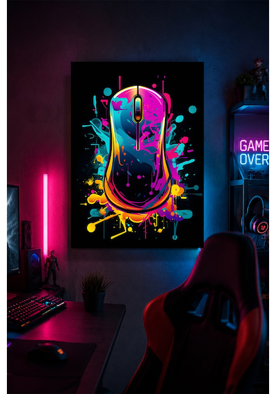 Neon Gaming Mouse Metal Duvar Tablosu Oyuncu Odası Duvar Dekoru 30x40 Cm A3 Boyutunda