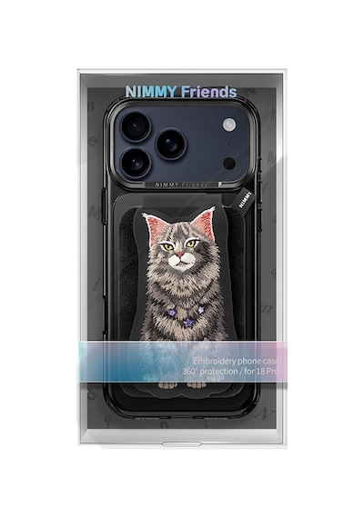 Manyetik Standlı İphone 18 Pro Max Uyumlu 3d Nakışlı Kedili Değiştirilebilir Kartlıklı Kılıf Siyah