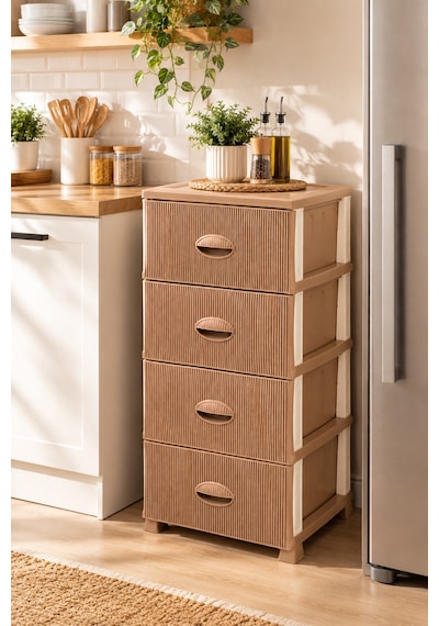 Porsima 0704 Mokka Stil 4 Katlı Çekmeceli Plastik Komodin 91 Cm - Yükseltilmiş Ayaklı Yatak Odası, Banyo & Mutfak Düzenleyici Şifonyer Kahverengi