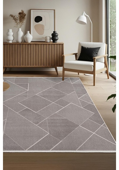 Leon Ln002z Gri Halı Modern Desen Pamuk Taban Akrilik Tozuaz Salon Yatak Odası Koridor Halısı-691 Gri