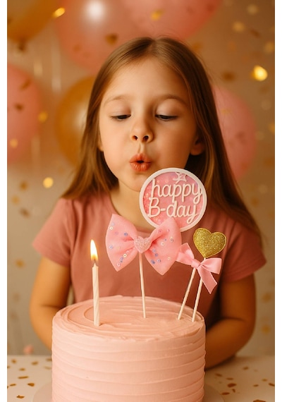 Pembe Fiyonklu Happy B-day Pasta Süsü 3 Lü Set Altın Kalpli Simli Doğum Günü Dekoru