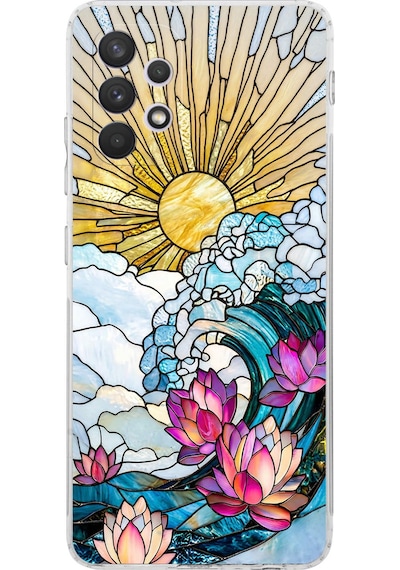 Printify Samsung Galaxy A32 İle Uyumlu Vitray Okyanus Sabahı Tasarımlı Şeffaf Silikon Kılıf Şeffaf