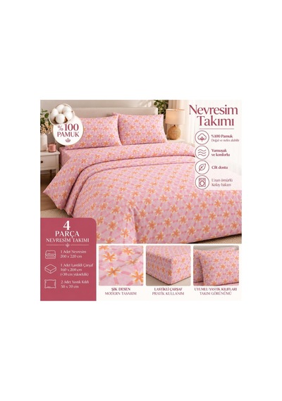 Slc Home Ranforce Gri Şık Tasarım Çift Kişilik Nevresim Takımı %100 Pamuk 4 Parça Pembe - 938521986 Pembe