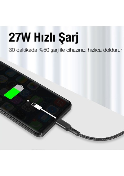 Ally 36440 27 W 1 M Type-c To Lightning Hızlı Data Ve Şarj Kablosu Siyah