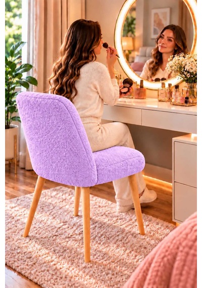 Arya Makyaj Masası Sandalyesi Teddy Kumaş Ahşap Ayaklı Dekoratif Sandalye Mutfak, Salon, Makyaj Pufu Ve Çalışma Sandalyesi Lila Arya Makyaj Masası Sandalyesi Teddy Kumaş Ahşap Ayaklı Dekoratif Sandalye Mutfak, Salon, Makyaj Pufu Ve Çalışma Sandalyesi Lila