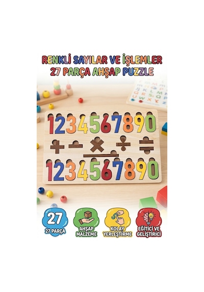 Renkli Sayılar Ve İşlemler 27 Parça Eğitici Ahşap Puzzle Zeka Geliştirici Matematik Puzzle Oyunu