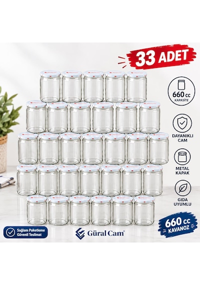 Güral Cam 660 Cc Cam Kavanoz Paşabahçe Kapaklı 33 Adet Konserve Yarımlık Beyaz