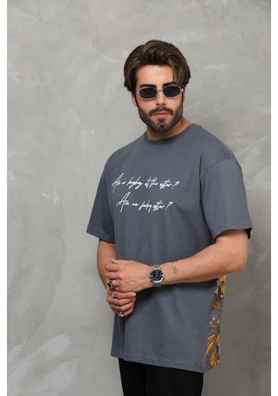 Erkek Kısa Kol Yazlık Tişört Bisiklet Yaka Baskılı Oversize T-shirt - Füme