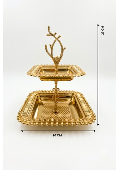 2 Katlı Standlı Premium Gold Sunumluk Servis Tepsisi-lüx Servis Tepsisi Altın
