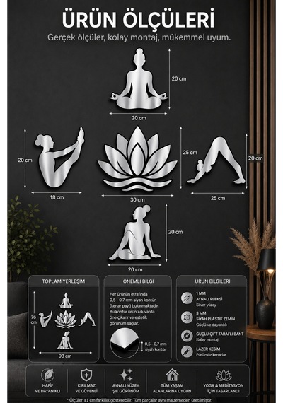Huzur Serisi Premium Yoga & Lotus Aynalı Pleksi Duvar Dekoru 5 Parça Gümüş Zen Tasarım Gümüş