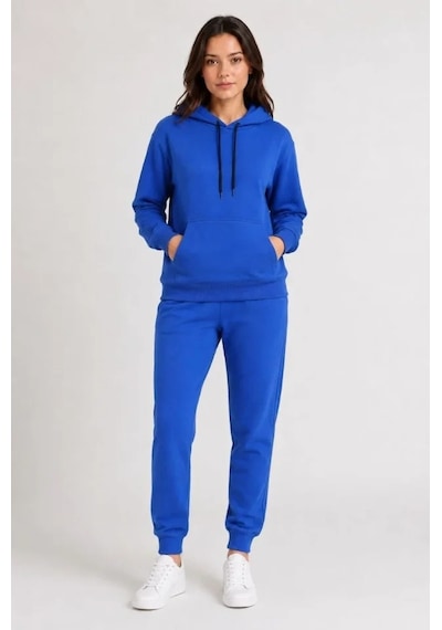 DefyModa İki İplik Kapüşonlu Kanguru Cepli Jogger Alt Üst Eşofman Takımı - Saks Mavisi