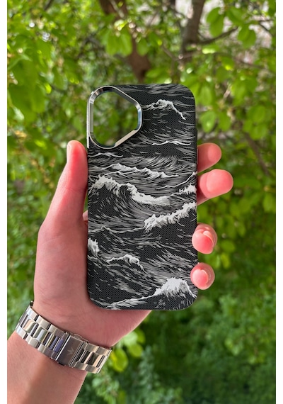 Apple iPhone Uyumlu 17 Deniz Dalgası Desenli Soft Dokulu Karbon Fiber Magsafe Kılıf Siyah