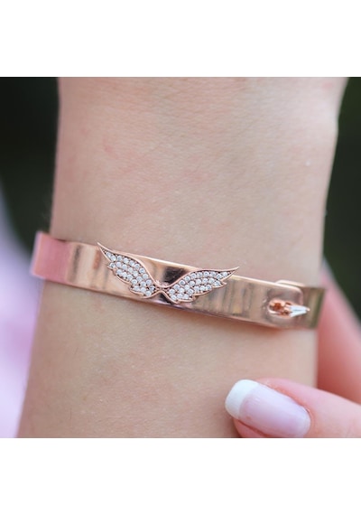 Zirkon Taşlı Rose Gold Kaplama Melek Gümüş Kelepçe Gümüş
