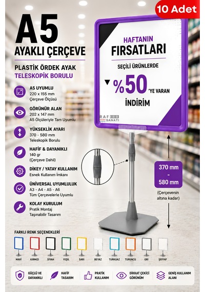 10 Adet - A5 Ayaklı Çerçeve Seti Plastik Ördek Ayak Teleskopik Borulu Fiyat Etiketliği Yönlendirme Levhası Menü Panosu Mor
