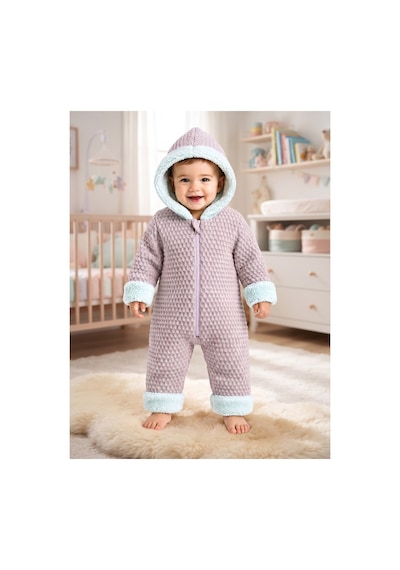 Tatlı Unisex Bebek Örgü Triko Tulum Welsoft Peluş Manşetli Kapüşonlu Fermuarlı Kışlık Bebek Kozmonot Tulumu Lila