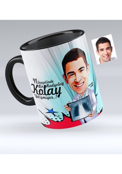 Kişiye Özel Bay Radyoloji Uzmanı Karikatürlü Siyah Kupa Bardak -