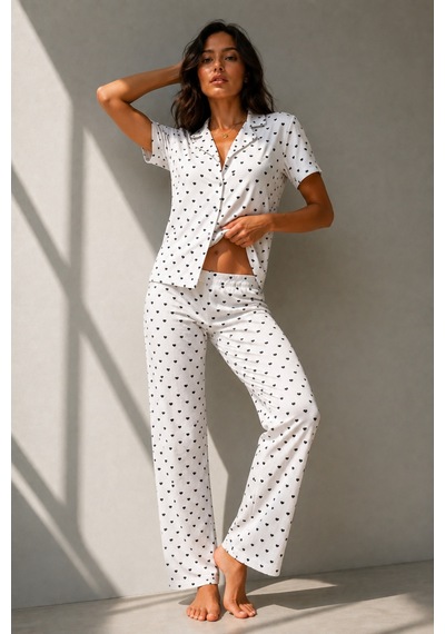 Kadın Klasik Doğal Düğme Gece Kar Beyaz Pijama Takımı